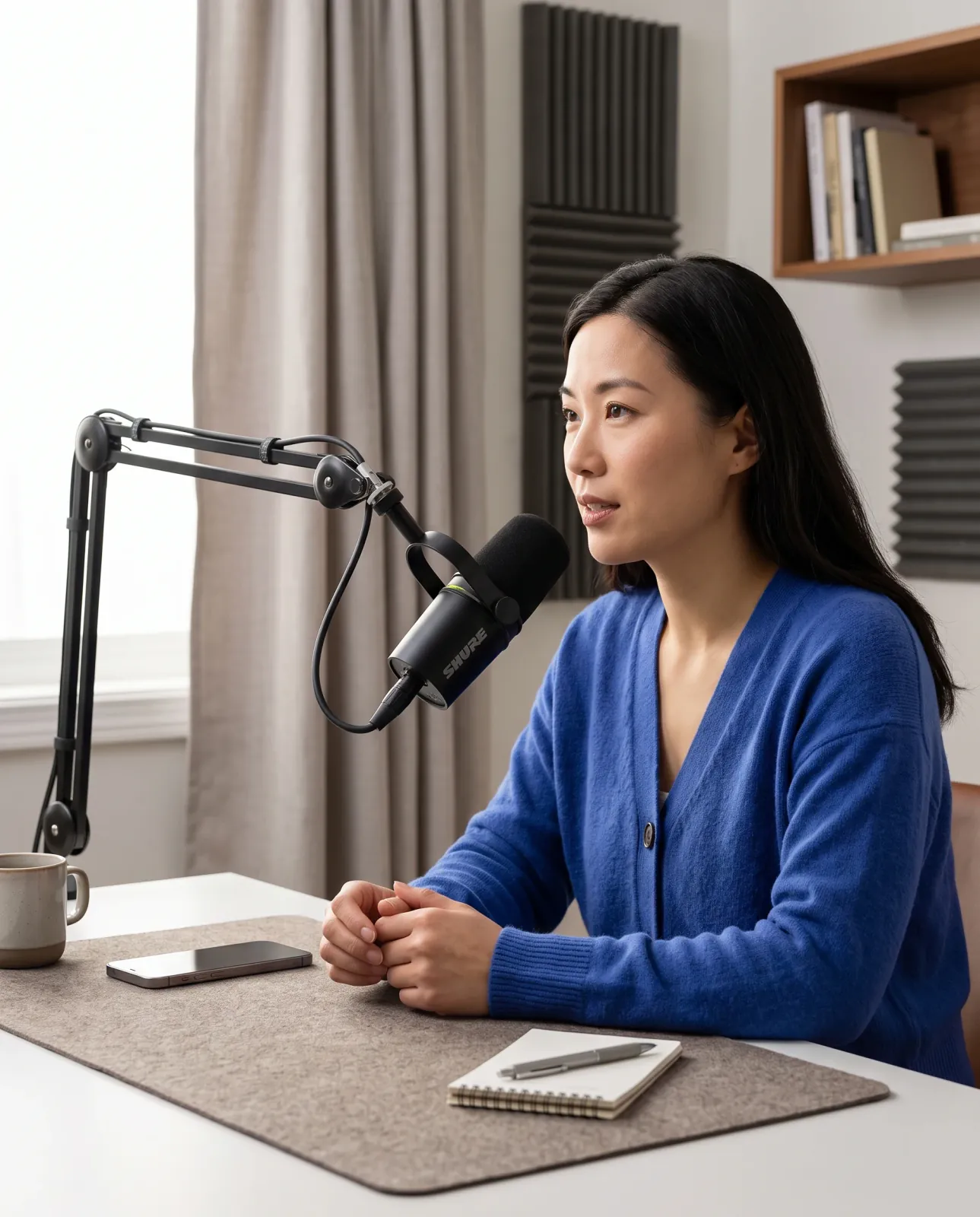 A woman recording at a bright home-studio desk with the same black Shure MV7+ microphone on a boom arm.