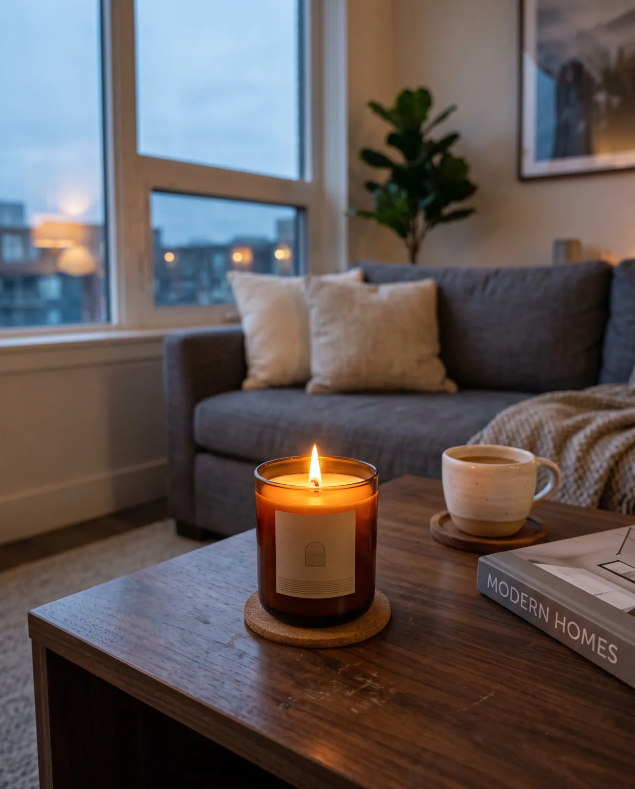A lit amber glass jar candle on a coffee table beside a ceramic cup in a softly lit modern living room at dusk.