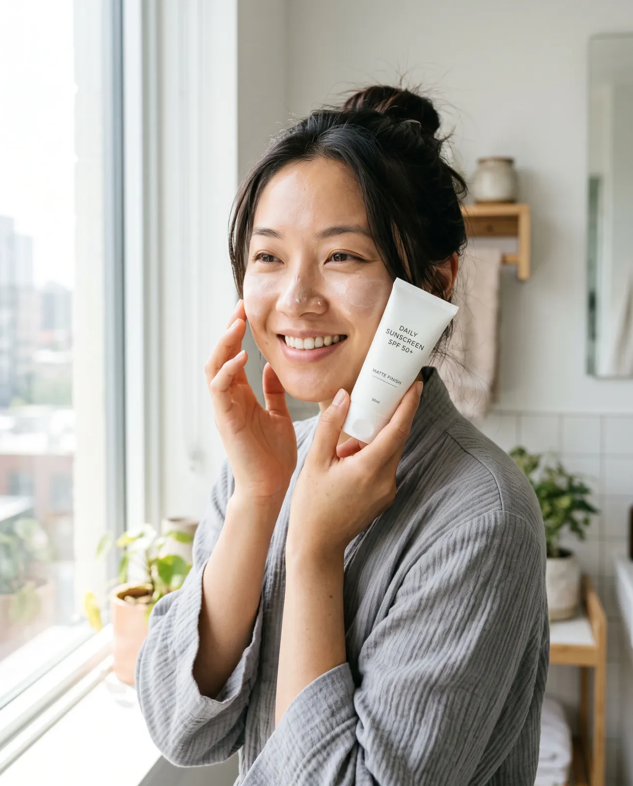 A smiling woman by a bright window holds a white SPF 50+ sunscreen tube beside visible cream on her cheek.