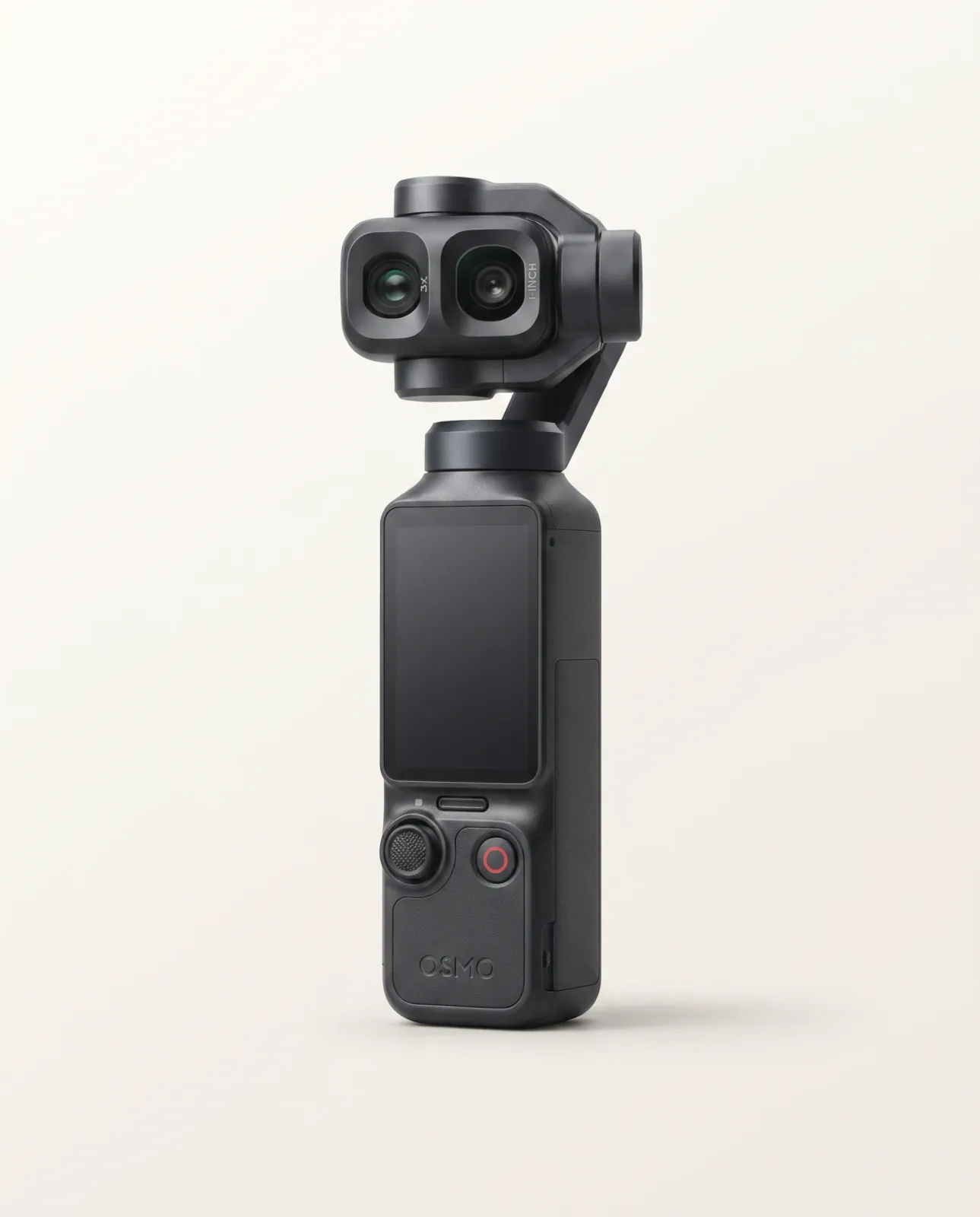 A black DJI Osmo Pocket 4P dual-camera handheld gimbal camera on a clean warm off-white background.