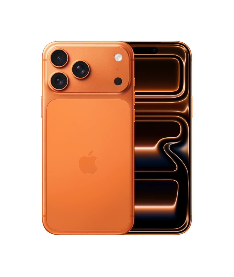 Front and back views of an Apple iPhone 17 Pro Max in Cosmic Orange.