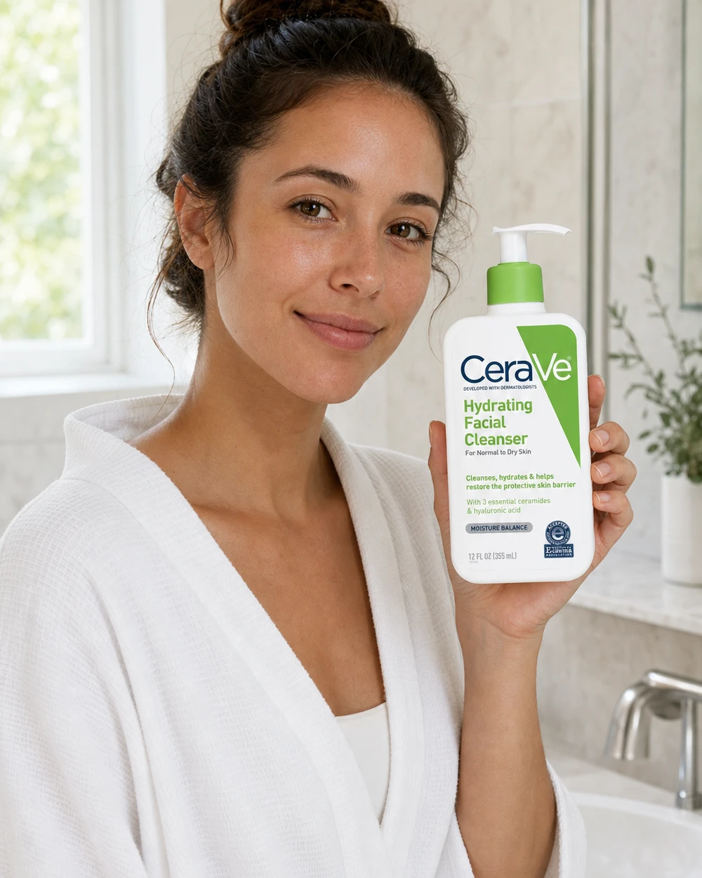 A woman holding the same CeraVe Hydrating Facial Cleanser pump bottle with its blue-and-green label visible in a bright bathroom.
