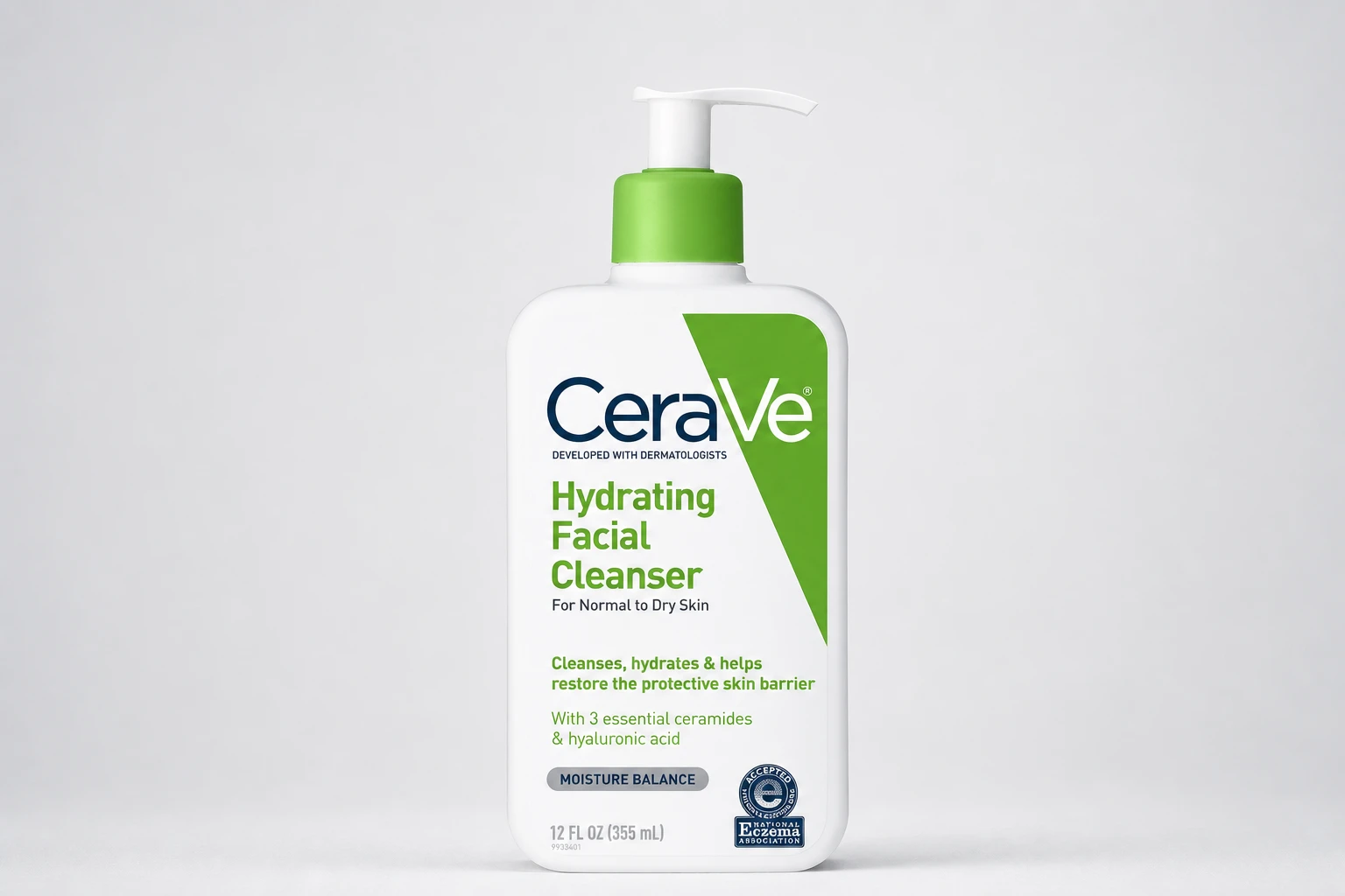 A complete CeraVe Hydrating Facial Cleanser 12 oz pump bottle with its blue-and-green front label clearly visible in a pale-gray ecommerce studio.