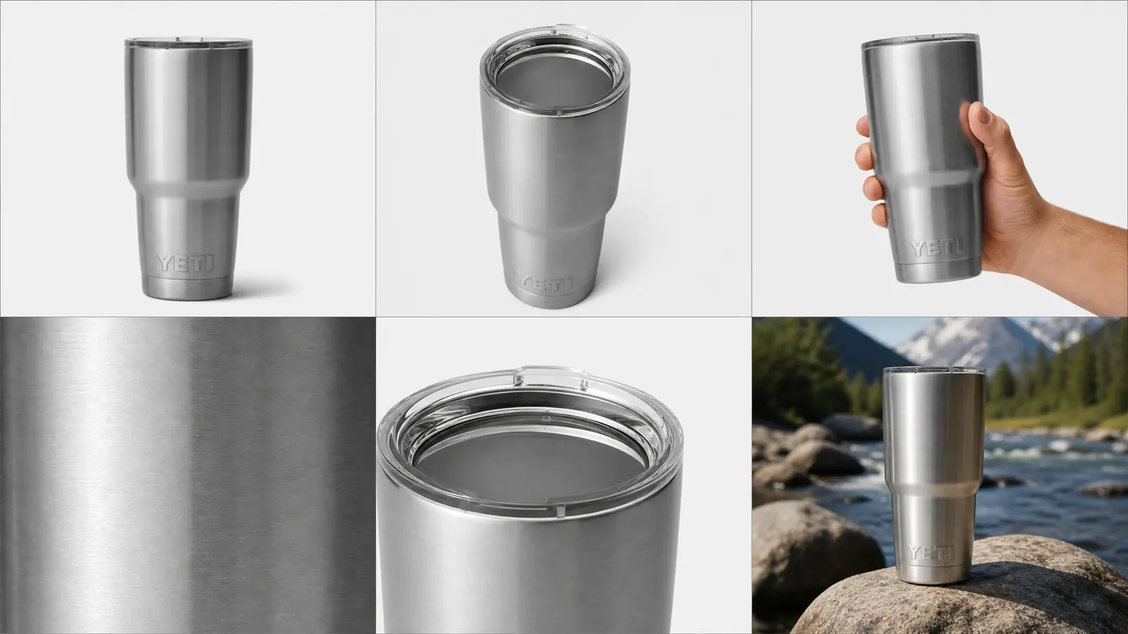 A YETI Rambler shown in item-only, top-detail, scale, material-detail, lid-detail, and contextual image roles.