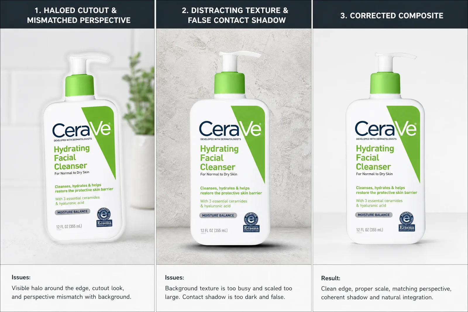 A CeraVe background-integration diagnosis comparing edge separation, perspective, texture scale, and contact shadow