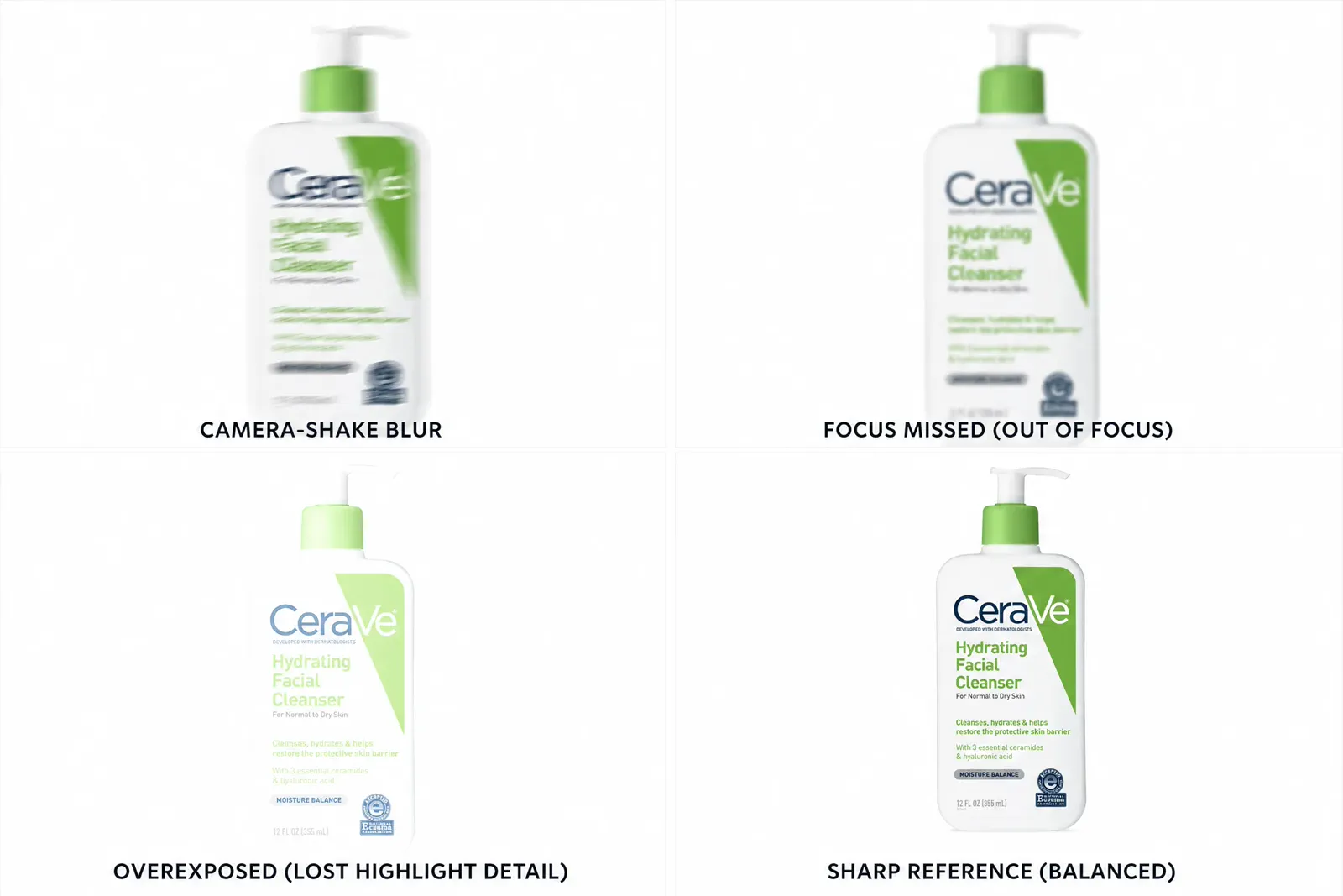 CeraVe product-photo crops comparing camera shake, missed focus, clipped pale edges, and a balanced reference frame