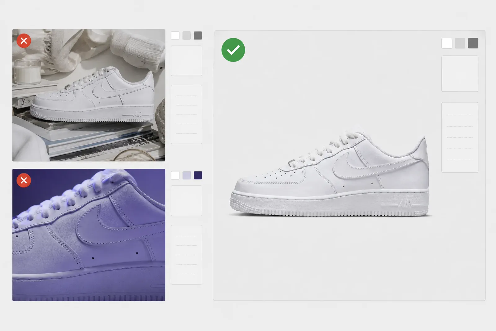 The same Nike Air Force 1 shown in an approved direction and rejected alternatives.