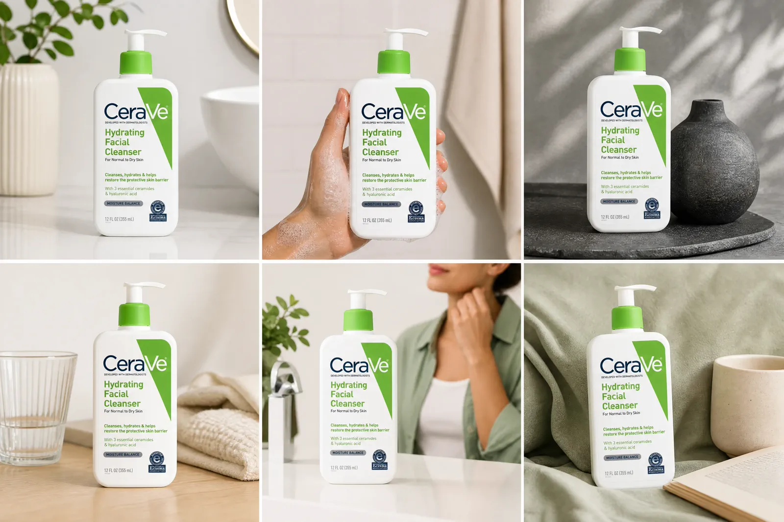Six CeraVe prop directions showing use, scale, ingredient or material, process, audience, and mood communication jobs