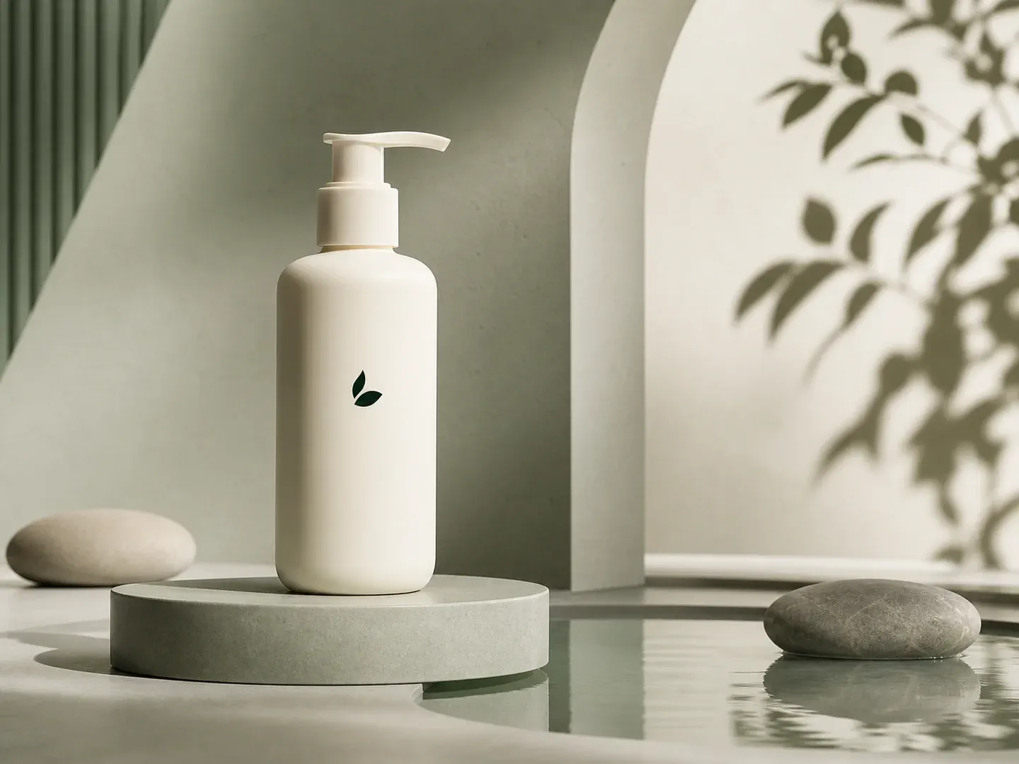 Ivory skincare bottle in a sage architectural studio background