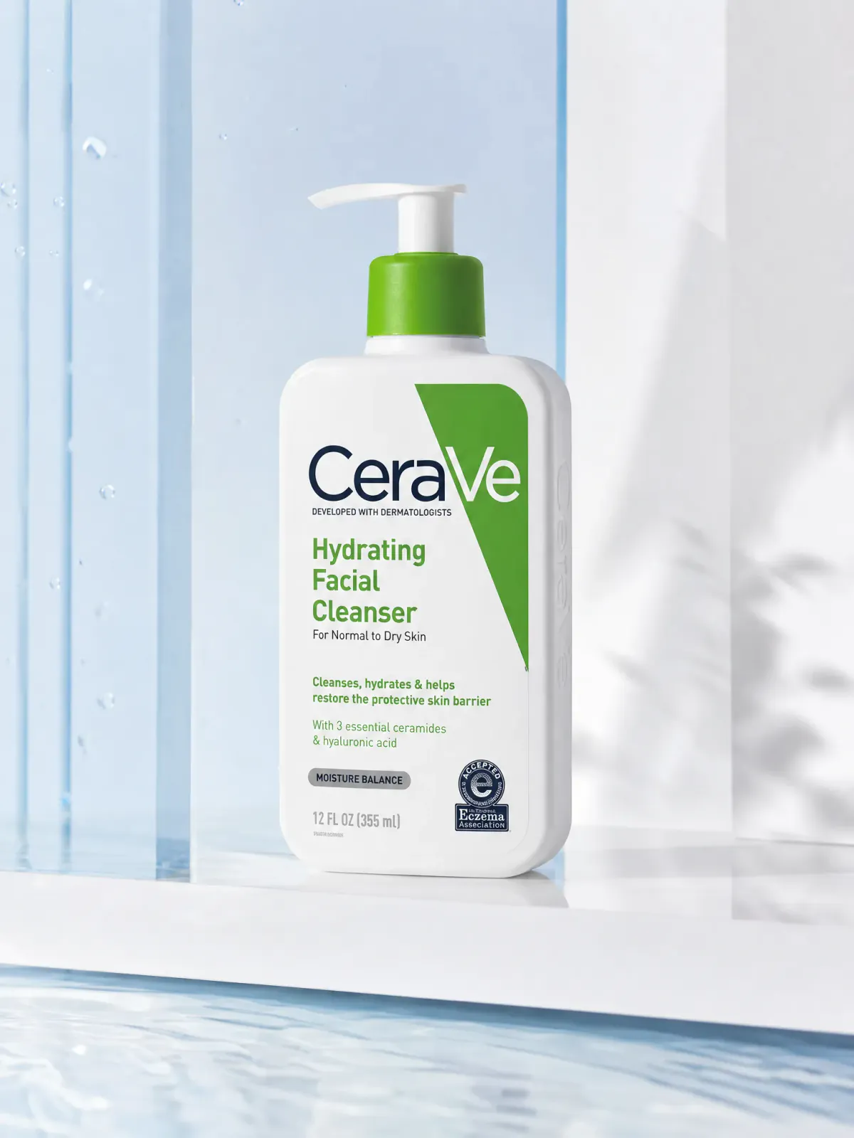 Independent ecommerce concept featuring CeraVe Hydrating Facial Cleanser in a bright clinical studio.