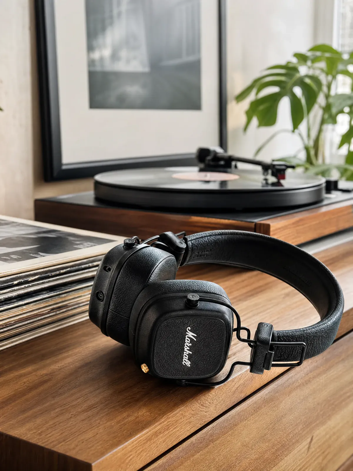 Independent lifestyle concept featuring Marshall Major V headphones beside a turntable and vinyl records.