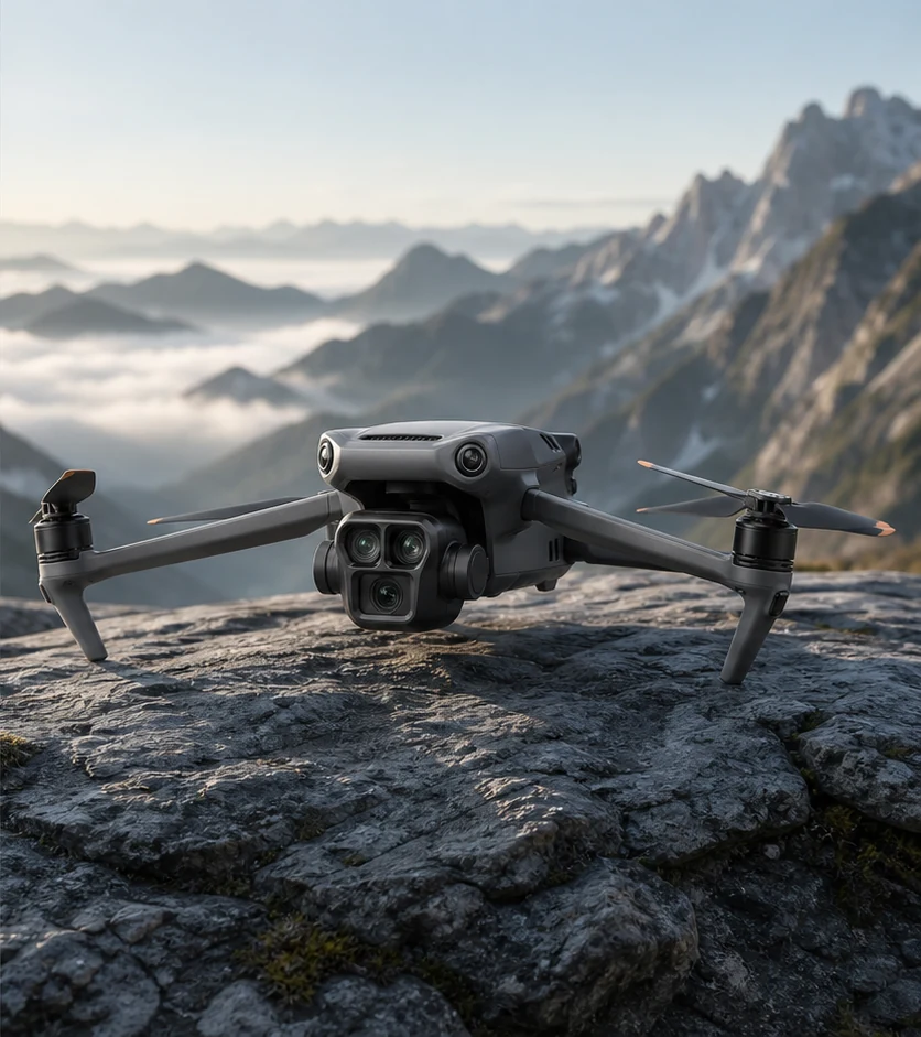 DJI Mavic 3 Pro drone placed at a dramatic alpine overlook.