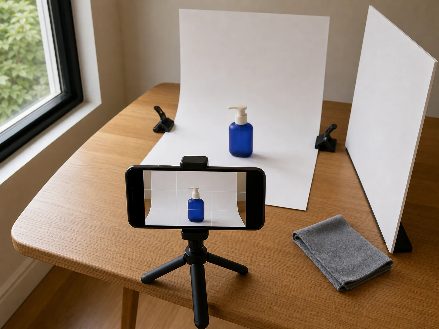 Phone held level on a stable support in front of a tabletop product.