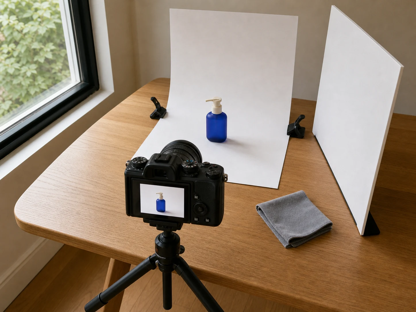 Camera mounted level on a tripod in front of a tabletop product.