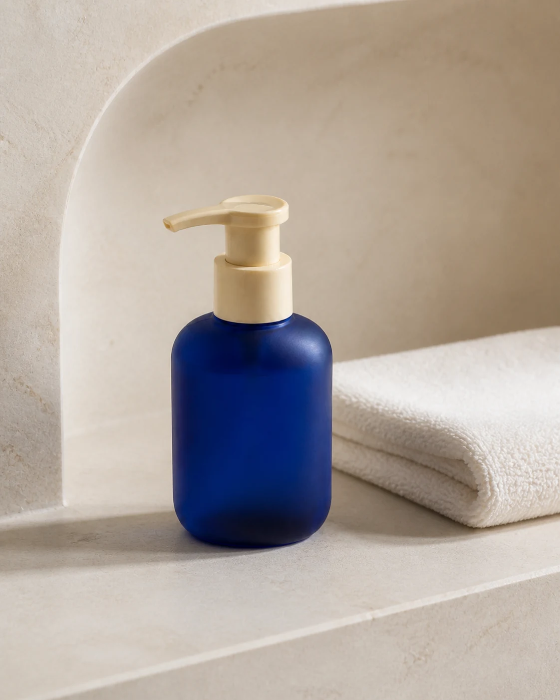 Blue pump bottle placed in a new marketing setting as an example product image.