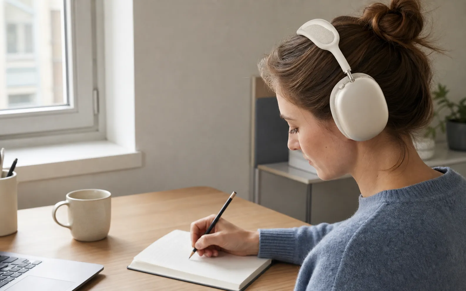 Apple AirPods Max in Starlight worn during a familiar daylight work routine at a home desk.