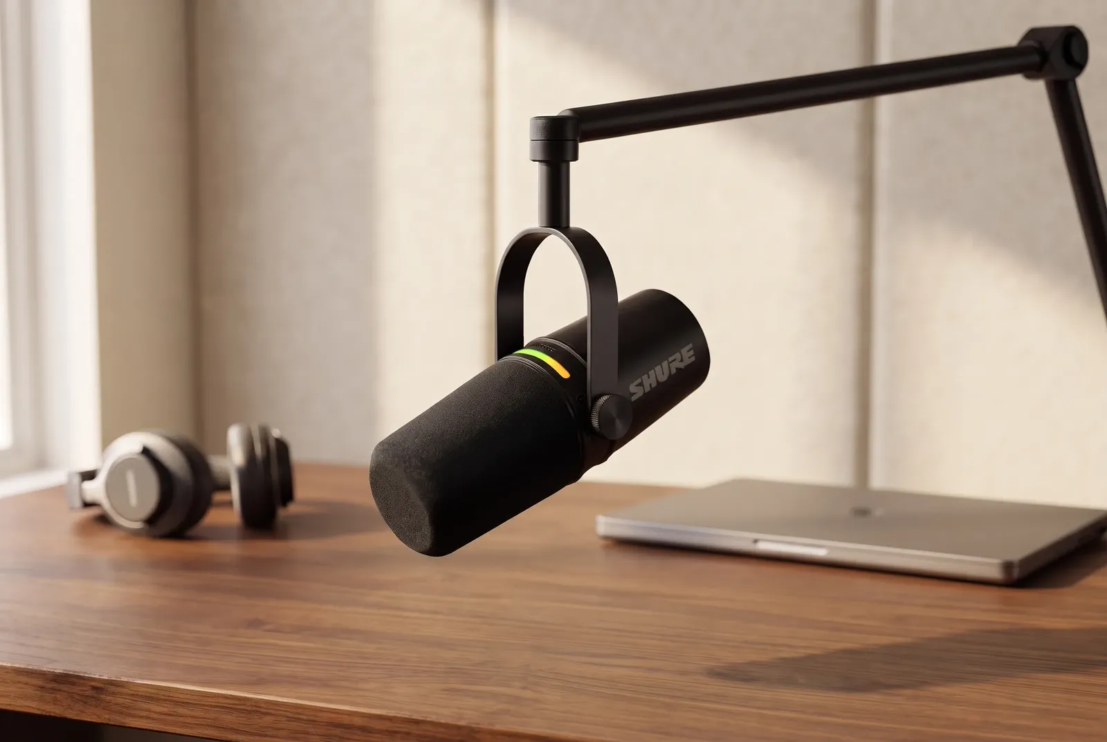 A complete desktop microphone shown in a believable landscape creator workspace.