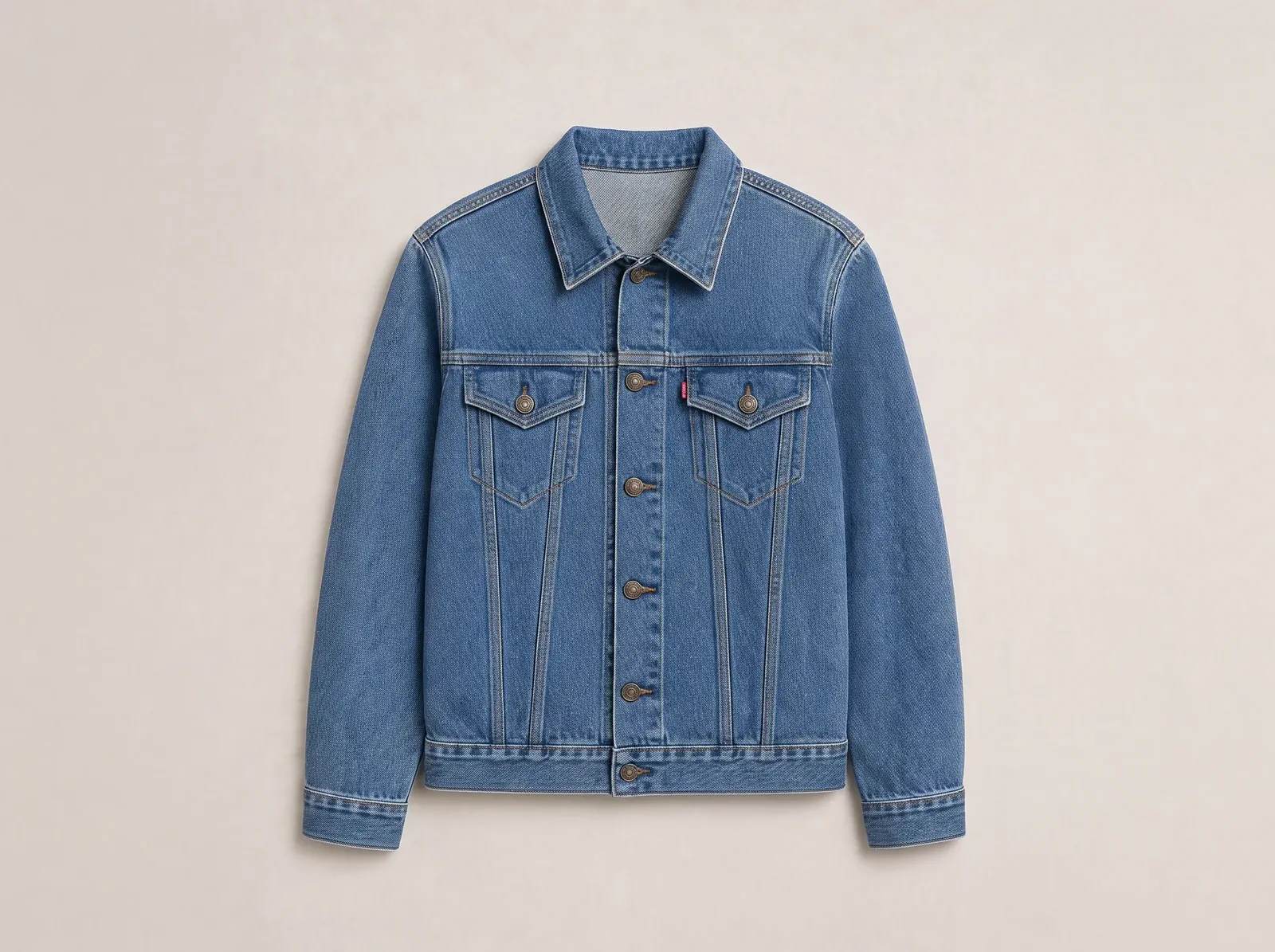 A denim jacket presented front-on with collar, pockets, seams, cuffs, and hem visible.
