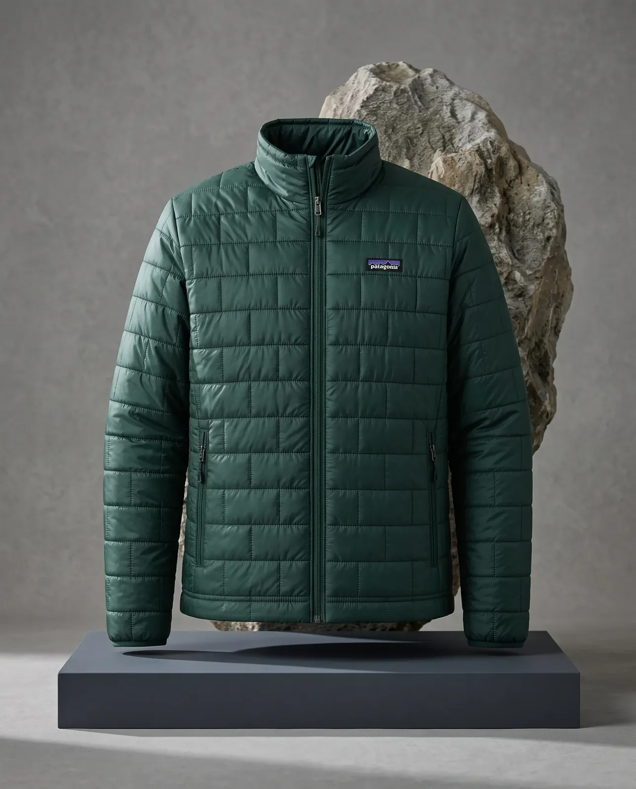 A black quilted jacket in an energetic campaign setting while its silhouette remains readable.