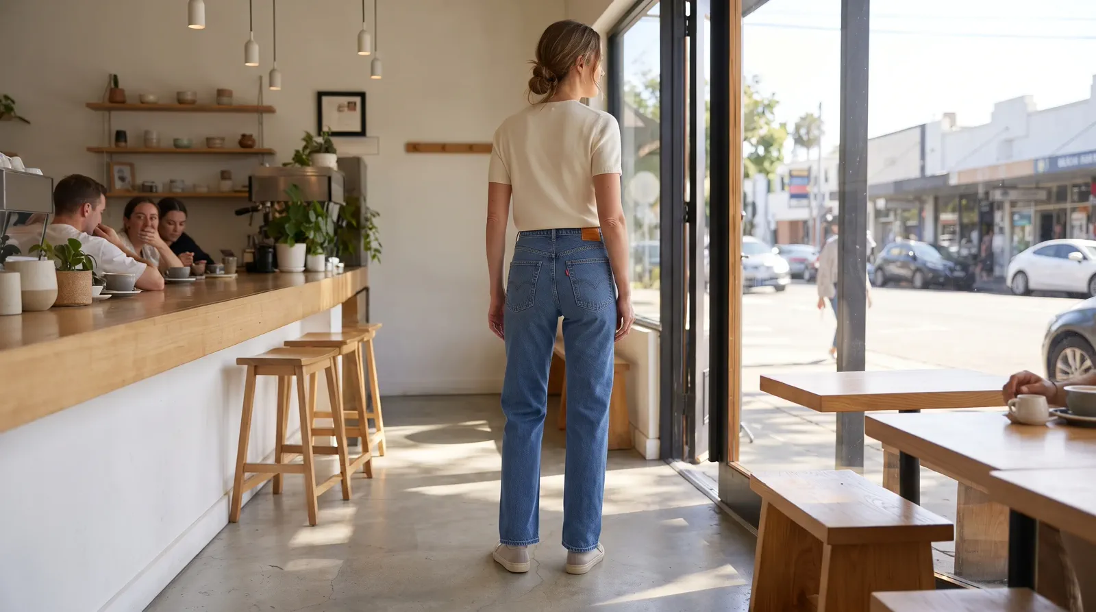 Straight-leg women’s jeans worn in a bright everyday fashion scene with the complete fit readable.