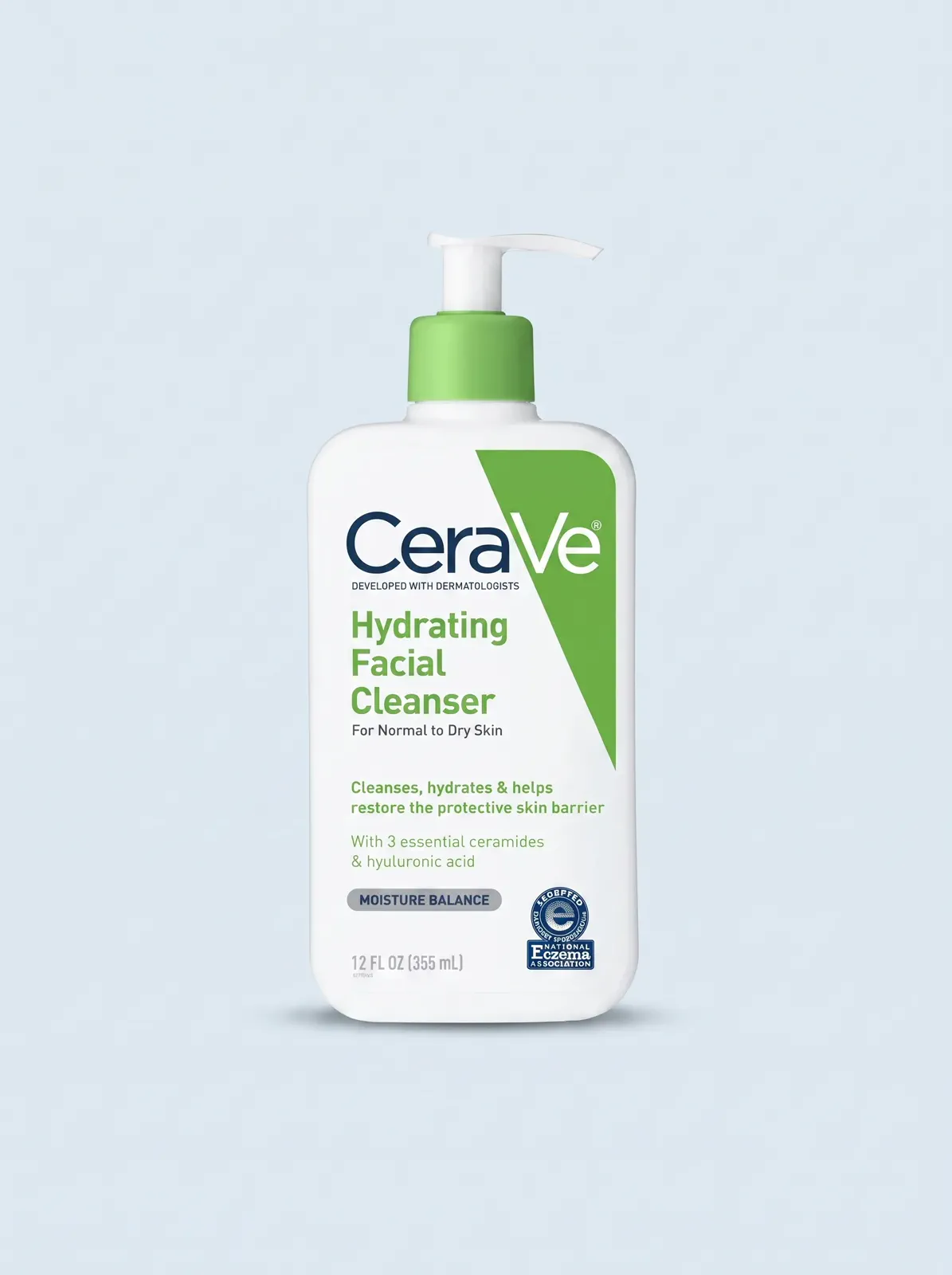 A tall skincare-bottle packshot with readable front hierarchy, controlled pump highlights, and a soft grounded shadow.