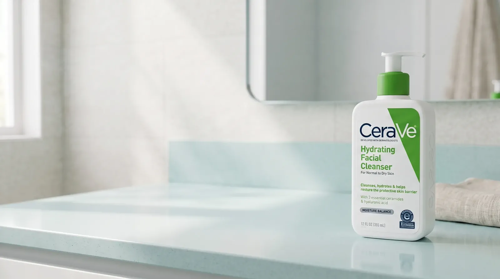 A skincare bottle anchored on the right of a wide storefront image with quiet copy space on the left.
