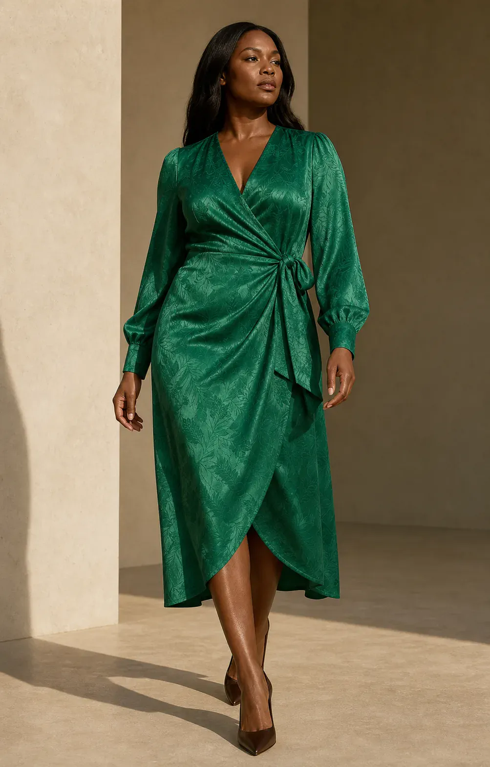Black fashion model wearing the emerald wrap dress in a warm architectural campaign setting.