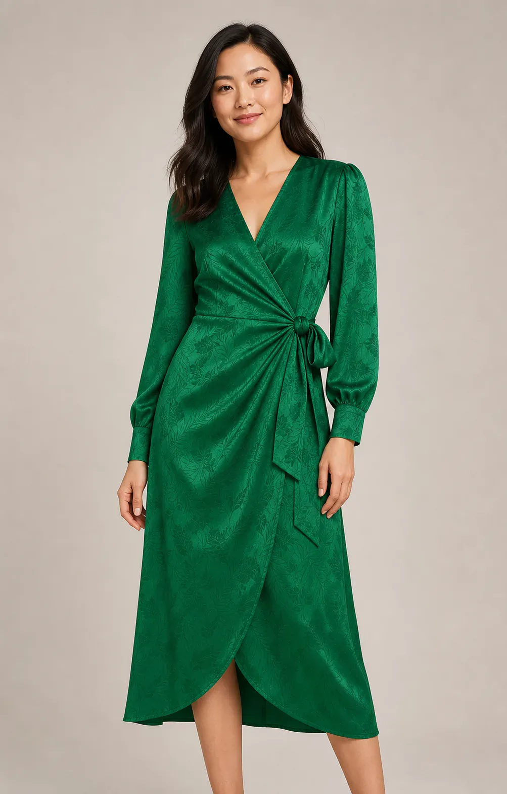 East Asian fashion model wearing the emerald wrap dress in a soft neutral studio.
